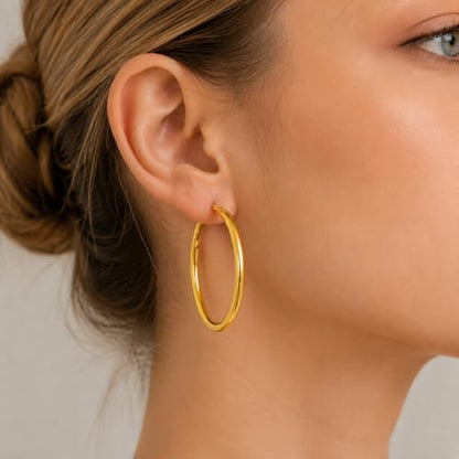 14K Gold Hoop Earrings for Women, Classic Minimalist Medium & Large Gold Hoops, Lightweight Round Hoop Earrings, Available in 35/45/55mm - size: 45MM