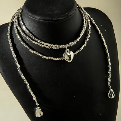 Chunky Puffy Heart Layered Gold Choker & Green Beaded Lariat Necklace with Baroque Pearl Drops, Adjustable Wrap Y Style Bohemian Jewelry Fashion Accessory for Women Gifts - color: silver