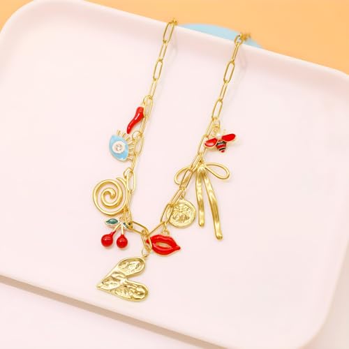 JNF Cute Shell Conch Boho Charm Necklace for Women Sun Moon Star Coin Heart Flower Boot Bow Charms Necklaces Summer Beach Jewelry - color: heart butterfly bow charms