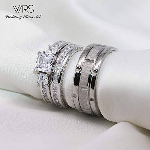 His Hers Wedding Ring Sets Couples Matching Rings Women's 10k White Gold Filled Square CZ Wedding Engagement Ring Bridal Sets & Men's Tungsten Carbide Wedding Band - style: women's size #10 & men's size #11