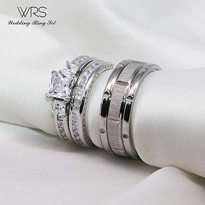 His Hers Wedding Ring Sets Couples Matching Rings Women's 10k White Gold Filled Square CZ Wedding Engagement Ring Bridal Sets & Men's Tungsten Carbide Wedding Band - style: women's size 5 & men's size 10