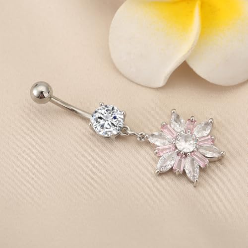 14G Dainty Rhinestone Flower Dangle Navel Ring for Women Fashion Statement Snowflake Crystal Drop Belly Button Rings Sparkly CZ Barbell Stud Sexy Body Piercing Jewelry - color: Silver