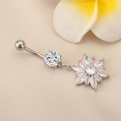 14G Dainty Rhinestone Flower Dangle Navel Ring for Women Fashion Statement Snowflake Crystal Drop Belly Button Rings Sparkly CZ Barbell Stud Sexy Body Piercing Jewelry - color: Silver