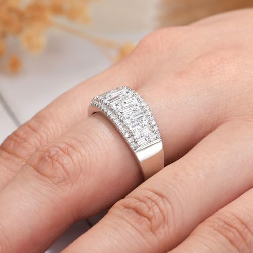 Wuziwen Wide Wedding Bands for Women Round and Baguette Eternity Ring | Premium 5A Cubic Zirconia Emerald Cut Vintage Wide Half Eternity Rings for Her Stackable Bridal Engagement Anniversary Bands