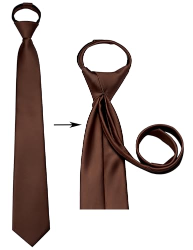 Branduce 3.15"（8cm） Mens Solid Satin Tie Pre-tied Adjustable Zipper Necktie for Business and Wedding - color: Brown