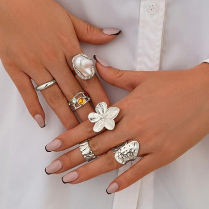 3/6 PCS Silver Chunky Pearl Rings Set for Women Gold Baroque Pearl Flower Open Ring Adjustable Crystal Large Ring Set Personalized Statement Knuckle Rings Fashion Costume Jewelry Accessories - color: crystal silver