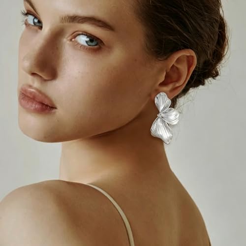 OGD Chunky Gold Statement Earrings For Women Trendy Gold Plated Sectored Flower Leaf Angel Wing Earrings Large Stud Jewlery Hypoallergenic - color: Flower-Silver