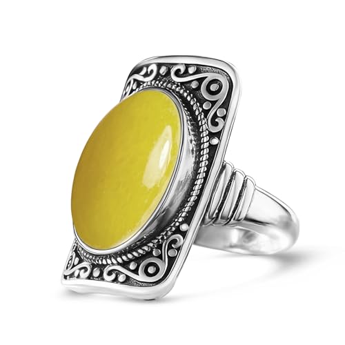 Big Natural Stone Ring,Rectangle Retro Antique Vintage Sterling Silver Genuine Crystal Quartz Gemstone Statement Wide Chunky Boho Bohemian Full Finger Ring for Women - color: A03_Citrine