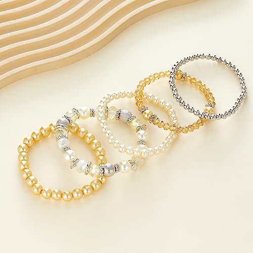Noessla Beaded Pearl Stretch Bracelet Silver Stackable Crystal Beads Bracelets Trendy Costume Jewelry Mothers Day Gifts for Women - color: Yellow