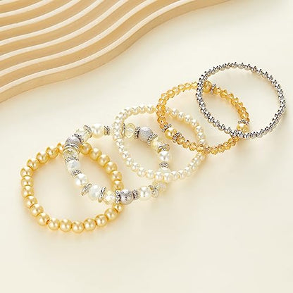 Noessla Beaded Pearl Stretch Bracelet Silver Stackable Crystal Beads Bracelets Trendy Costume Jewelry Mothers Day Gifts for Women - color: Yellow