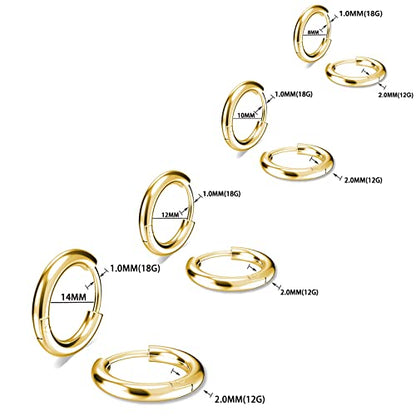 316L Surgical Stainless Steel Small Hoop Earrings 8mm 10mm 12mm 14mm Hypoallergenic Huggie Hoop Earrings Helix Lobes Hinged Sleeper Earrings Cartilage Piercings - color: F: Gold (Diameter 8mm/10mm/12mm/14mm),4 Pairs