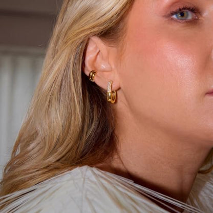 VALLOEY ROVER Chunky Gold Hoop Earrings for Women Hypoallergenic | 14k Gold Plated Small Thick Square Turquoise Cubic Zirconia Huggie Hoop Earrings for Women Fashion Trendy Jewelry Gift - color: CZ Hoop