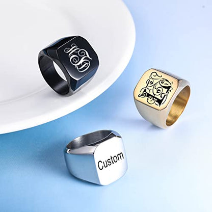INBLUE Personalized Engraved Initial Monogram Signet Rings for Man Women Stainless Steel Rings Customize Jewelry with Ring Size Adjuster - color: Gold: Blank