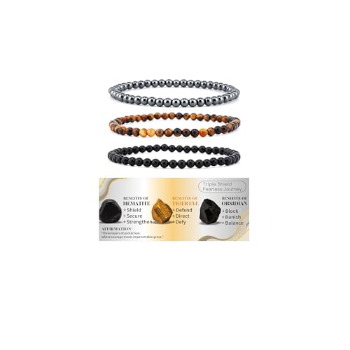 4mm 6mm 8mm Healing Crystal Bracelets for Women Men Natural Stone Beaded Stretch Bracelet Handmade Gemstone Reiki Spiritual Jewelry Gifts - color: Tiger Eye+Black Obsidian+Hematite-Protection, size: 4mm