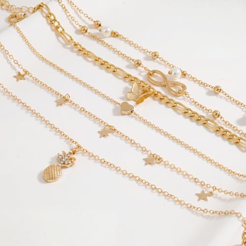 Fesciory 14K Gold Plated Ankle Bracelets Sets For Women, Adjustable Layered Infinite Anklet, Summer Beach Butterfly Star Foot Chain Jewelry Gifts - style: Butterfly Pineapple