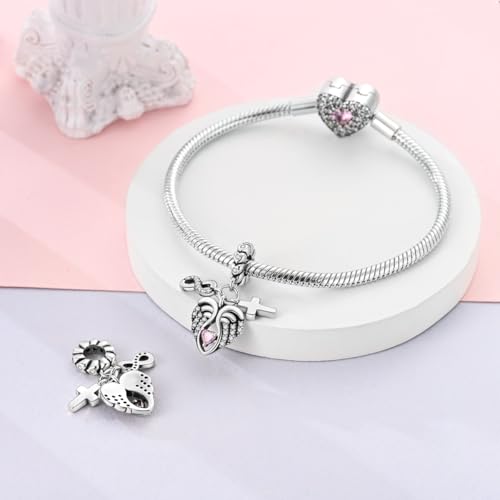 Hapour 925 Sterling Silver Charm for Bracelet Necklace Women Pendant Beads | Virgin Mary Charm, Religious Cross Heart Dragon European Jewelry Mom Charm - color: Silver Guardian Heart