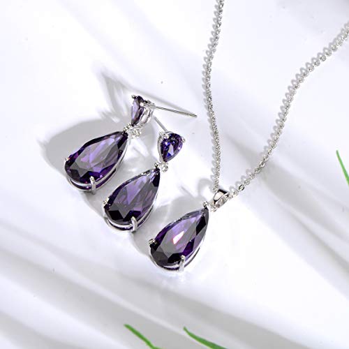 Wedding Jewelry Set for Bridesmaids - Sterling Silver Teardrop CZ Crystal Cubic Zirconia Rhinestone Diamond Bridal Necklace Earrings Set for Bride Mother of Bride Party Prom Birthstone Costume Jewelry - color: Feb-Amethyst