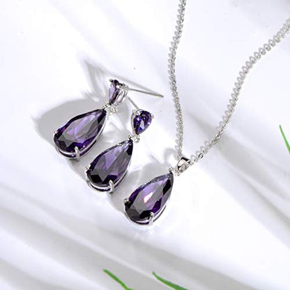 Wedding Jewelry Set for Bridesmaids - Sterling Silver Teardrop CZ Crystal Cubic Zirconia Rhinestone Diamond Bridal Necklace Earrings Set for Bride Mother of Bride Party Prom Birthstone Costume Jewelry - color: Feb-Amethyst