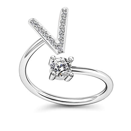 FUTIMELY Initial Letter Ring Alphabet Ring A-Z Silver Crystal Open Adjustable Personalized Initial Ring for Women - style: V