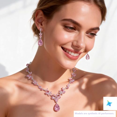Kamirola Bridal Jewelry Set, Jewelry Set for Women, Necklace Dangle Earrings Bracelet Set, White Gold Plated (TR76) - color: Silver Pink