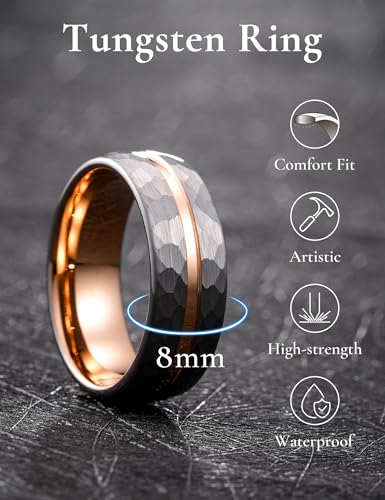 King Will Men's Tungsten Carbide Wedding Ring Hammered Groove Wedding Band Mens Two Tone Engagement Ring for Men and Women Matte Brushed Finish Comfort Fit - color: 8MM Silver-Rose Gold Groove