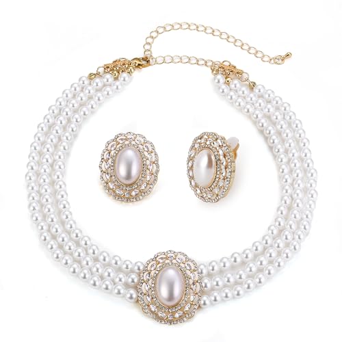 EVER FAITH 1920s Gatsby Multilayer Pearl Jewelry for Party, Rhinestone Vintage Inspired Chunky Choker Necklace Stud Earrings Set for Women Bride - style: 3 Layers_Clip-on Earrings