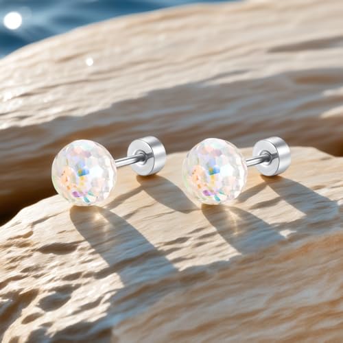 Dazzling Crystal Disco Ball Cartilage Stud Earrings for Women Mom Stainless Steel Austrian Colorful 6mm/8mm CZ Tragus Screw Flat Back Helix Tiny Studs Earring Fashion 60's 70's Jewelry Prom Party 20G - color: White,6mm