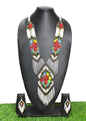 Long Beaded Necklace – Boho Native Handmade Seed Bead Tassel Necklace, Bohemian Large Statement Beaded Necklace for Women - color: White Rose Red