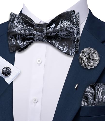 YOHOWA Bow Ties for Men Self-tied Silk Bowtie Solid Color with Lapel Pin and Handkerchief Cufflinks for Wedding Party Prom - color: Black Grey