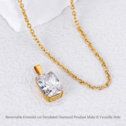 Birthstone Layered Pendant Paperclip Necklace 18k Gold Plated Heart Choker Chain Necklace Emerald Cut Jewelry Birthday Gift for Women - color: Emerald-Cut Diamond