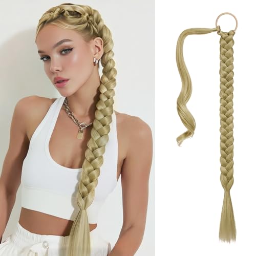 Long Braid Ponytail Extension with Hair Tie Straight Sleek Wrap Around Hair Extensions Braid Pony Tail Fluffy Natural Synthetic Hairpieces for Women Daily Wear,26 inch-Golden Blonde & Blonde - color: Pale Golden Blonde & Bleach Blonde, size: 26 Inch (Pack