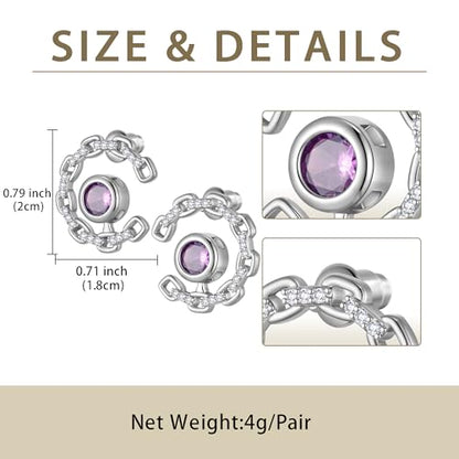 Elegant C-Shaped Crystal Stud Earrings with Birthstone Earring Silver Plated Fashion Jewelry for Women CE0003 - color: Purple-February