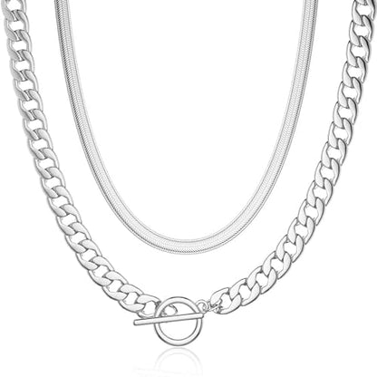 CHESKY 14K Gold Plated Chunky Necklace for Women, Trendy Toggle Clasp | Statement Pendant Necklace, Layered Paperclip Chain, Toggle Clasp Design, Thick Gold Chain, Non Tarnish Everyday Jewelry - color: silver, style: cuban+herringbone