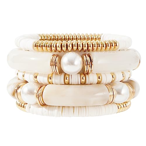 GOOJIDS Simple Beaded Gold Plated Bangles Bracelet Chunky Bamboo Tube Curved Stacking Clear Acrylic Colorful Beads Stretchable Gold Plated Bracelets Set For Women - color: A-A1 Ivory Set