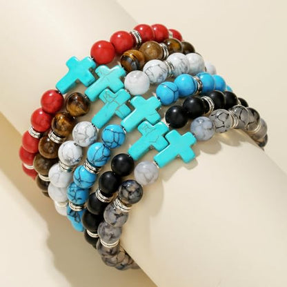 Beaded Bracelets Cross Bracelet for Women Men Lava Rock Turquoise Tiger Eye Natural Bracelet Anxiety Healing - color: 6 Pcs- green cross