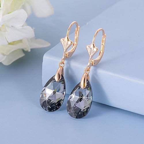Austrian Crystal Teardrop Leverback Dangle Earrings for Women Fashion 14K Gold Plated Hypoallergenic Jewelry - color: Black