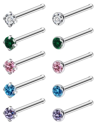 ASTM F136 Titanium Nose Rings 18G 20G 22G Jeweled Mix Color CZ Nose Studs Ring Screw L-Shaped Bone Hypoallergenic Nostril Body Piercing Jewelry for Women 1.5mm 2mm 2.5mm 3mm 10PCS - style: Bone:20G(0.8mm)-3mm CZ