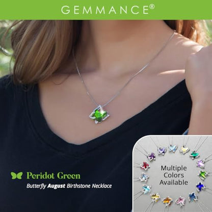 Butterfly Necklace, Birthstone Crystal, for Women, Silver Tone Pendant Jewelry, Anniversary Birthday Gift for Her, Wife & Mom, 18"+2" - color: 08-August Birthstone - Peridot Green Crystal