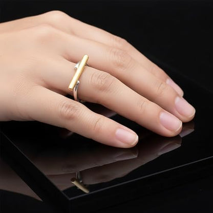 Handmade 925 Sterling Silver Ring with Gold Accent, Two-Tone Minimalist Design, Thin Band Stacking Ring - size: 12