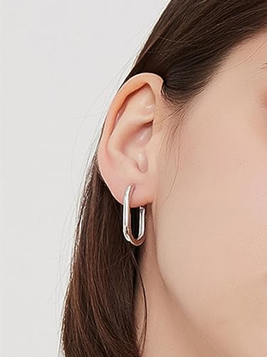 Sterling Silver Long Plain Shiny Oval Square Hoop Cuff Drop Earrings 26mm 2 Tones Rhodium / 18K Gold