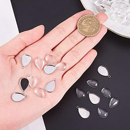 PH PandaHall 100pcs Bezel Pendant Blanks- 50pcs Drop Pendant Trays Photo Charms Cabochons Blanks with 50pcs Glass Cabochons Clear Dome for Wedding Bouquet Graduation Cap Jewelry Making, 0.69x0.4inch - color: Drop - 50 Sets