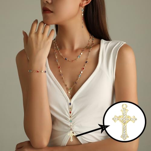 Colorful Crystal Long Necklace for Women Dainty Boho Y-Shaped Color Bead Necklaces Sparkly Rhinestone Pendant Layered Gold Long Chain Choker Good Luck Trend Jewelry Gift Jewelry - color: Cross+Double Gold