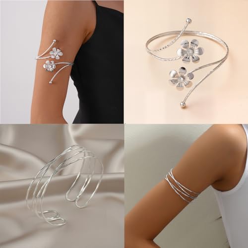 ItsStarred Minimalist Arm Cuff Gold Plated, Upper Arm Cuff Bangle Bracelet for Women, Adjustable Arm band Set 6 Pieces - color: F: Silver Plated Flower 6pcs