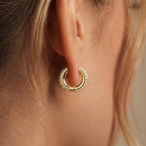 Gokeey Cubic Zirconia Hoop Earrings for Women, Sterling Silver Plated Small Huggie Hoops CZ Pave Chunky Thick Earrings Non Tarnish Hypoallergenic Lightweight Jewelry April Birthstone Gifts - color: Gold