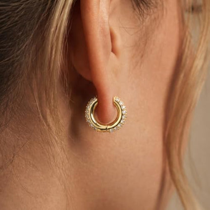 Gokeey Cubic Zirconia Hoop Earrings for Women, Sterling Silver Plated Small Huggie Hoops CZ Pave Chunky Thick Earrings Non Tarnish Hypoallergenic Lightweight Jewelry April Birthstone Gifts - color: Gold