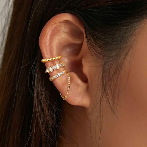3Pcs Ear Cuffs Non Piercings for Women, Trendy Cubic Zirconia Gold Silver Clip On Cuff Earrings Set Jewelry Dainty Fake Cartilage Earring - color: Gold Chain2
