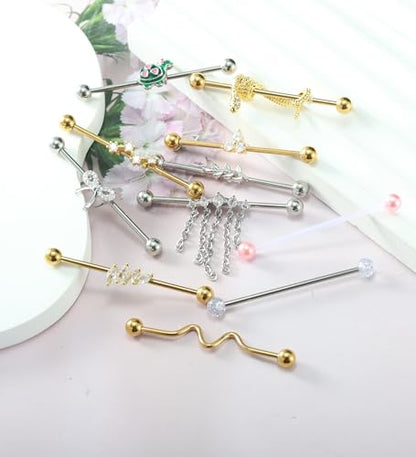 TIANCI FBYJS 7-16pcs 14G Stainless Steel Industrial Piercing Barbell Earring Cartilage Body Jewelry 38mm 1&1/2 Inch Industrial Piercing Bar for Women Men Snake Chain Dangle - color: gold silver