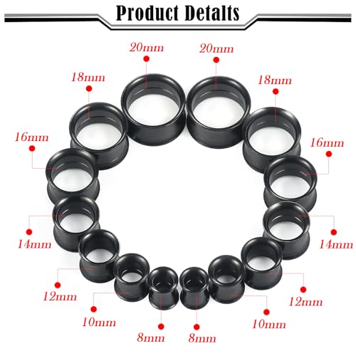 12G-25mm Double Flare Thin Gauges Tunnels Plugs Stretching Kit 316L Surgical Stainless Steel Hollow Gauge Tunnel Plug for Ear 12G 10G 8G 6G 4G 2G 0G 00G 12mm 14mm 16mm 18mm 20mm 22mm 25mm - color: Black Tone, size: 0G(8.0mm)-22mm