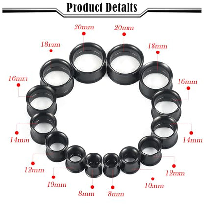 12G-25mm Double Flare Thin Gauges Tunnels Plugs Stretching Kit 316L Surgical Stainless Steel Hollow Gauge Tunnel Plug for Ear 12G 10G 8G 6G 4G 2G 0G 00G 12mm 14mm 16mm 18mm 20mm 22mm 25mm - color: Black Tone, size: 0G(8.0mm)-22mm