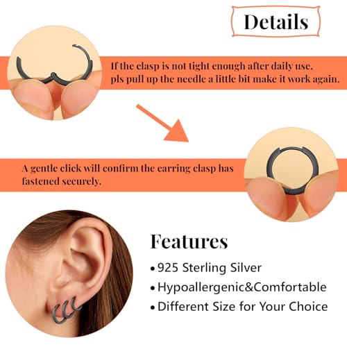 925 Sterling Silver Huggie Hoop Earrings, Small Silver Hoop Earrings for Women Hypoallergenic Huggie Lightweight Small Hoops Earring Cartilage Sleeper Earrings 6/8/10/12/14/16/18/20mm - color: Black, size: 12MM